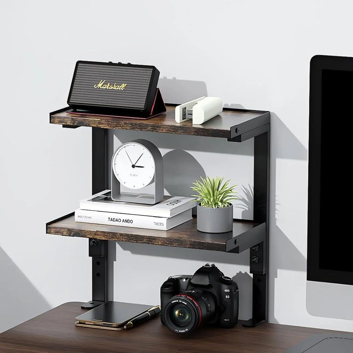 2-Tier Desk Shelf, Expandable Under Desk Storage, Clamp on Desk Shelf, Desktop Accessories for Offices, Study Rooms, and Game Rooms (Wood)