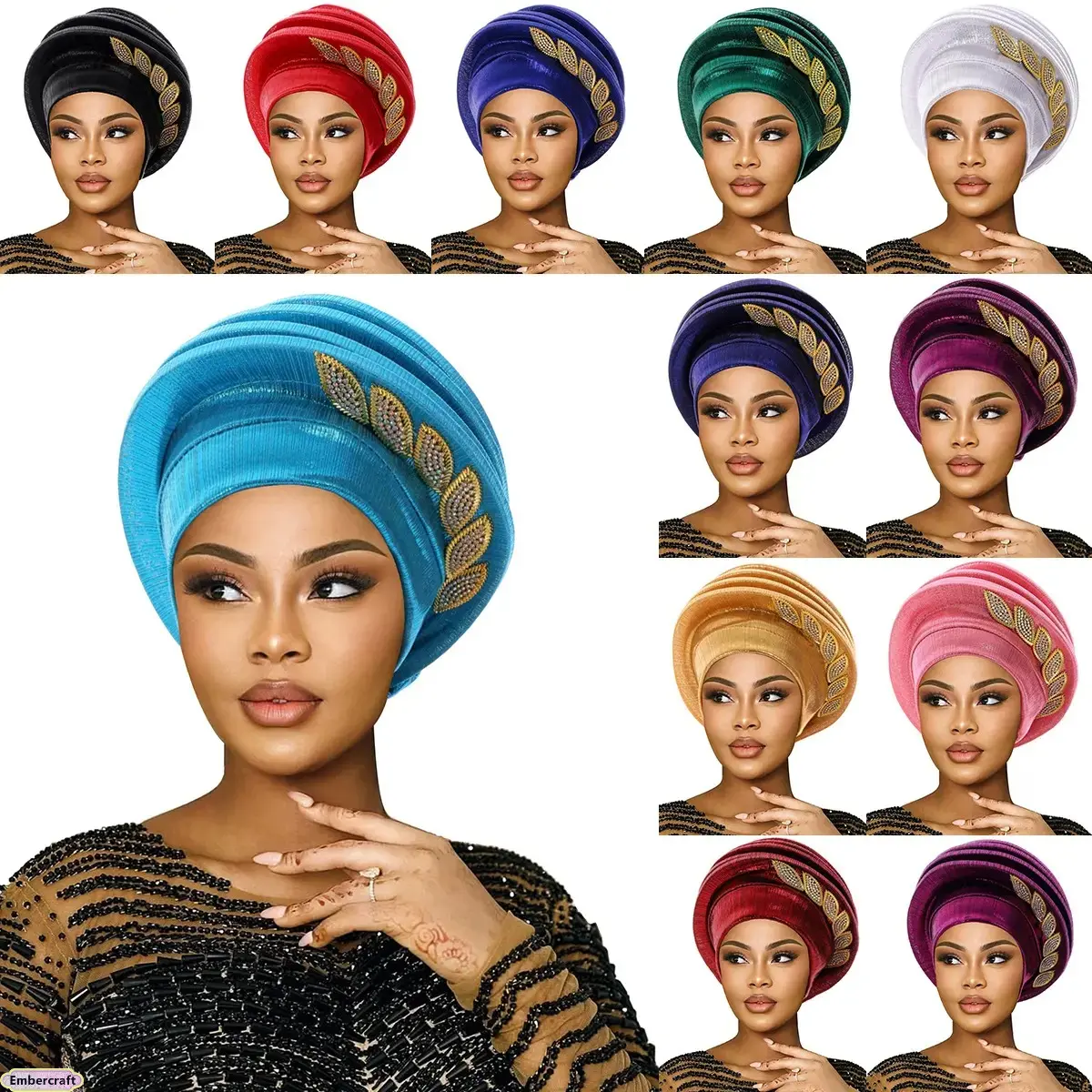 Pink Crinkled Gele Turban for Women, Pre-Pleated African Headwrap with Beret Look and Rhinestone Leaf Embellishment for Parties