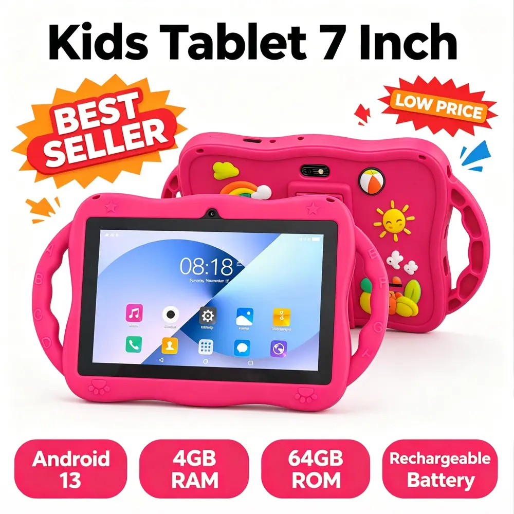 Children's Android tablet computer Android 13 system 7-inch tablet supports WIFI Bluetooth function, parents can control pre installed educational learning software, shockproof silicone cover, giraffe protective cover, Ramadan children's gift