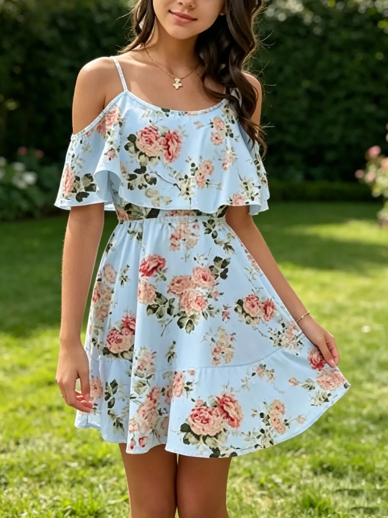 Kids Sky Blue Floral off Shoulder Ruffle Swing Mini Dress, Casual Fitted Leaf Print Dress, Dresses for Summer, Quick-Dry Non-Sticky Fabric, Ideal for Holidays & Parties