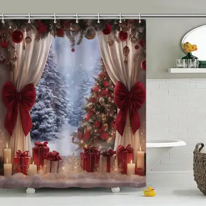 1/4pcs Thick Cloth Christmas Shower Curtain Set, Snowy Winter Wonderland Scene with Pine Trees, Red Ribbon & Christmas Tree, Stainless Metal Hooks Included, 71x71 in Decorative Polyester Holiday Bathroom Hanging Decor