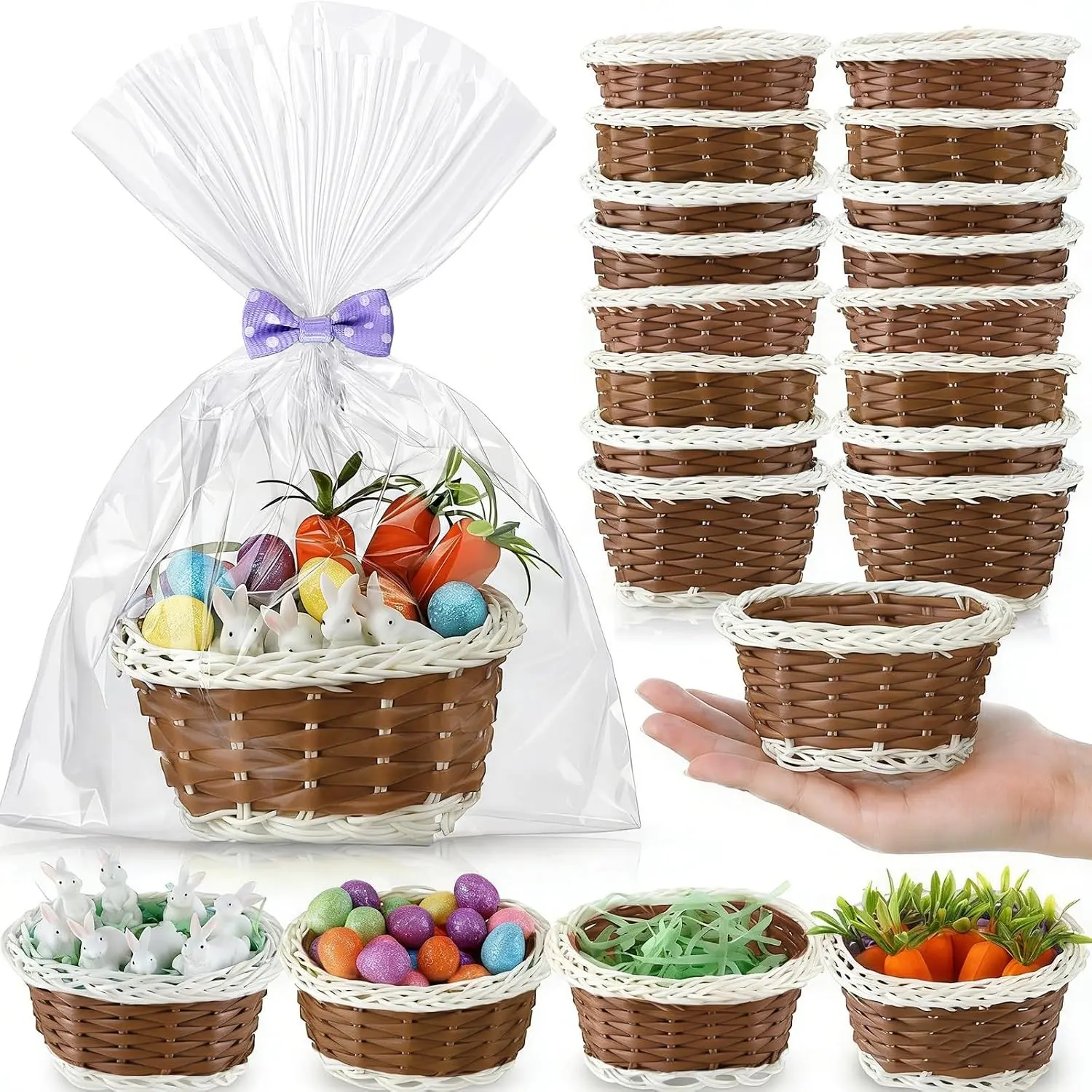 Brown Mini Easter Party Favor Supplies Kit (24 Sets) - Mini Easter Baskets with Eggs, Bunnies, Carrots, Grass, Opp Bags for Spring Egg Hunts, DIY Crafts, Festive Decor, Holiday Gifts, Gift