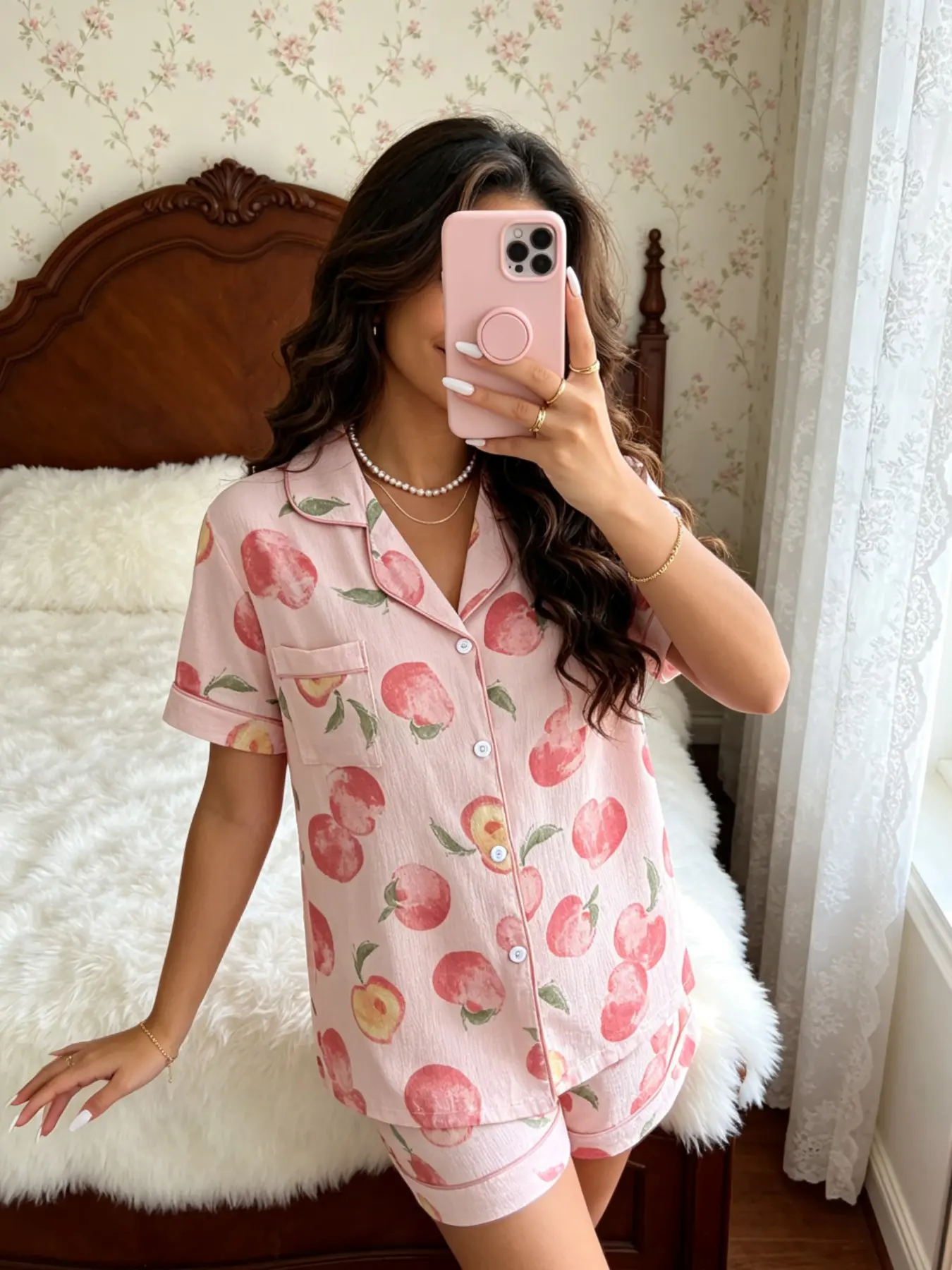 Women's Pajama Set, Light Peach Print, Cute Fitted Design, Breathable Fabric, Elastic Waist, All Seasons Home Wear
