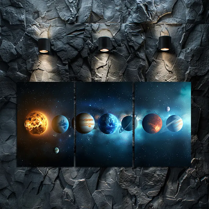 2D FlAT Printing 3Pcs Framed Wall Decor Solar System Planets Canvas Art, Space Astronomy Wall Mural For Living Room Bedroom Kids Room Office, Educational Science Decor, Birthday Housewarming Gifts, Christmas Thanksgiving Mother's Day Presents
