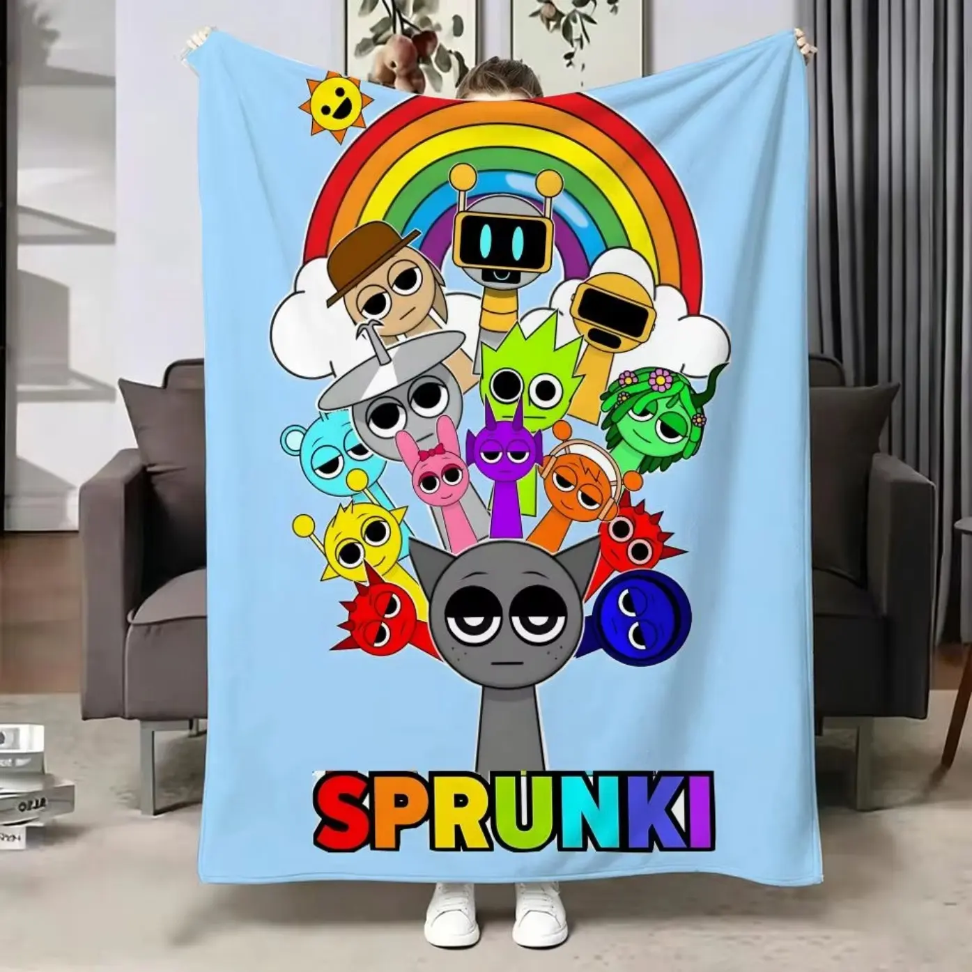 Game Sprunki Incredibox Flannel Throw Blanket, Soft Warm Cozy Graphic Blanket for Bed Sofa Office, Lightweight Multi-Use Nap Blanket, Gaming Theme Room Decor, All Season Comfort Blanket Gift for Kids Teens Adults