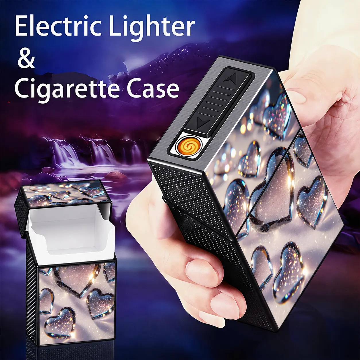 USB Rechargeable 20-Slot Storage Case with Built-In Electronic Lighter, Sparkling Transparent Heart Design with Colorful Light Effects, Dreamy Romantic Style Aluminum Alloy Windproof