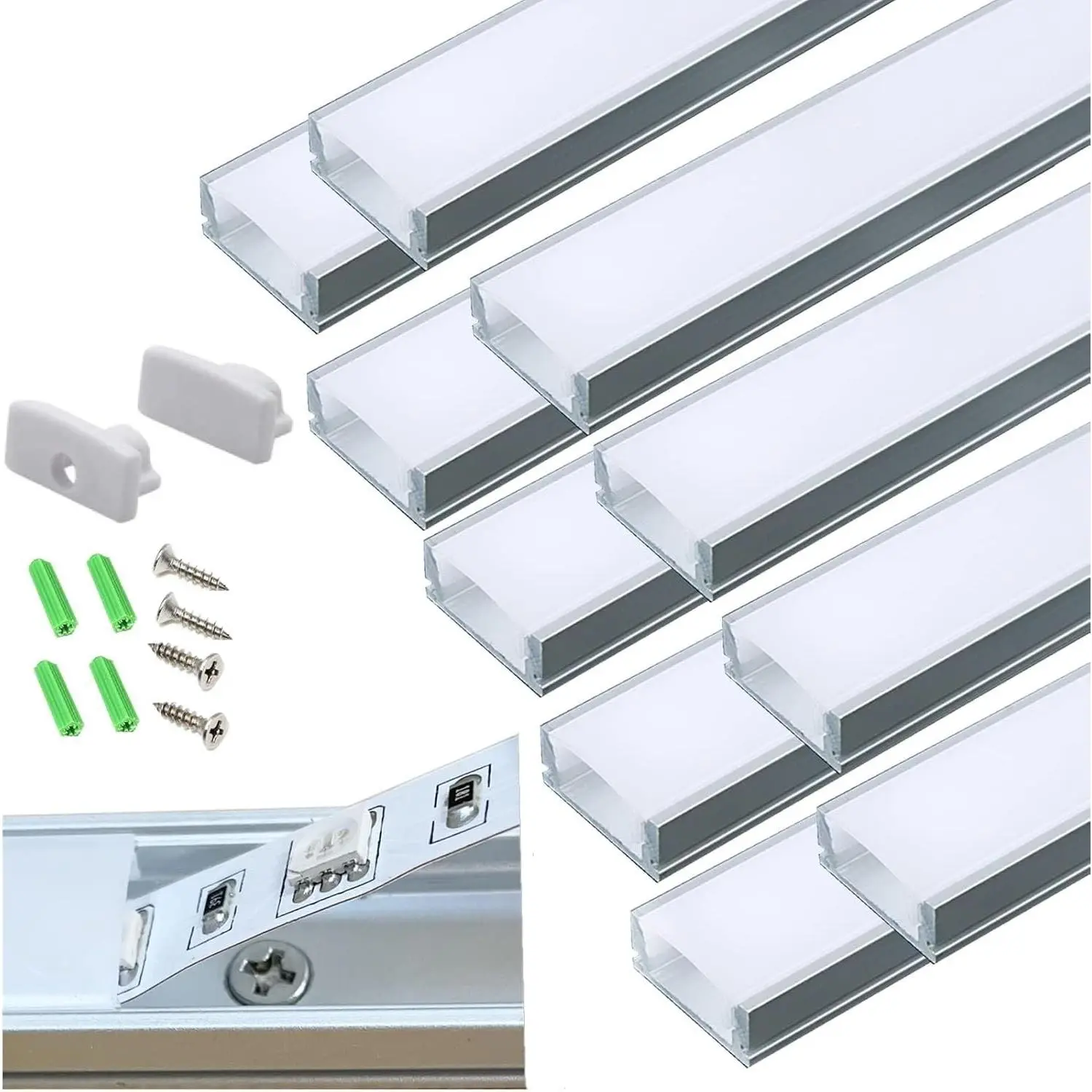 10-Pack 3.3FT Pre-Drilled Countersunk Hole LED Strip U Channel Diffuser, Easy Cut Tight Flush Mounted Under Cabinet Tape Light Aluminum Low Profile with Screws and End Caps