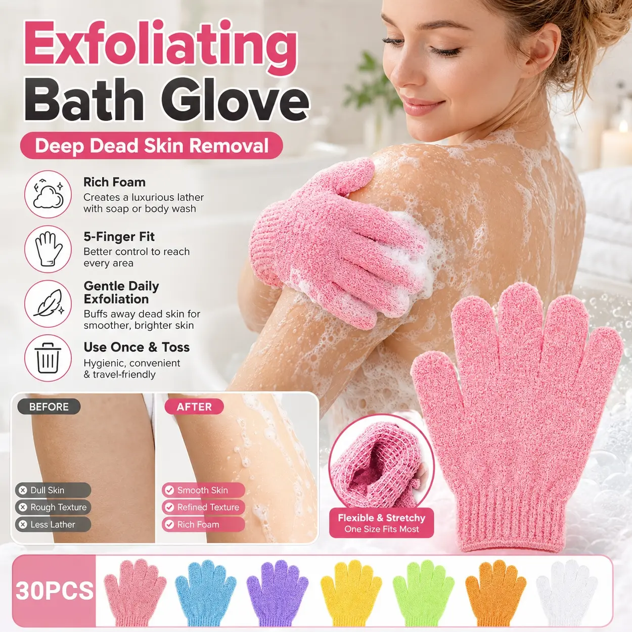 30PCS Exfoliating Gloves, Exfoliant Scrubber Glove, for Shower and Bath, Disposable Five-Finger Body Scrub Mitts, Textured Wash Gloves for Deep Cleansing, Dead Skin Removal and Smooth Skin Care, Bath Accessories for Men Women, Body Wash Use