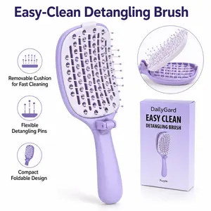 Easy Clean Detangling Brush, Foldable Hair Brush with Removable Cushion, Flexible Round-Tip Bristles for Gentle Scalp Massage, Wet & Dry Hair Detangler Brush for Curly, Wavy, Thick and Long Hair