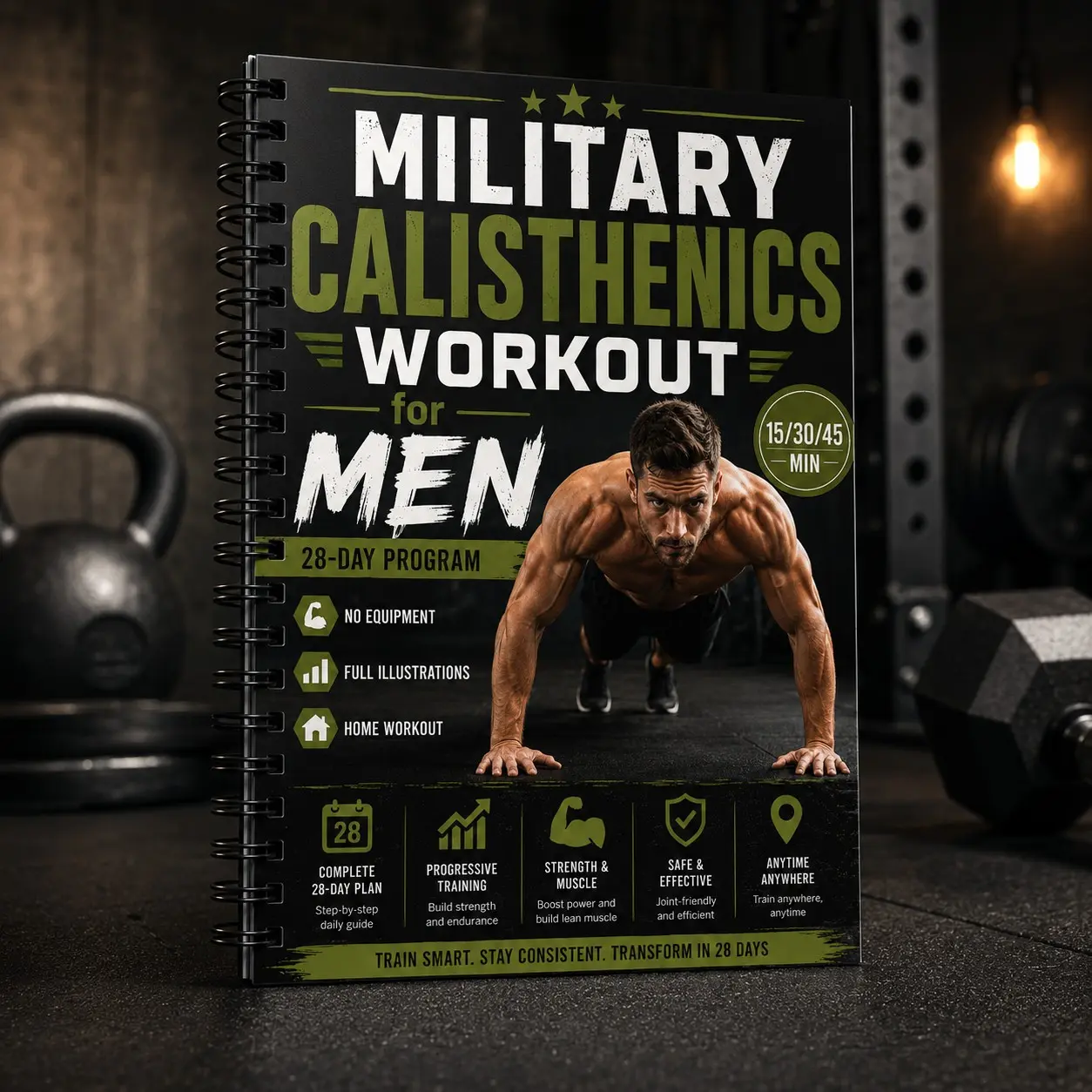 Military Style Bodyweight Fitness A5 Spiral Training Guide, 28-Day Men's Home Strength and Muscle Building Manual, No Ca Propagation