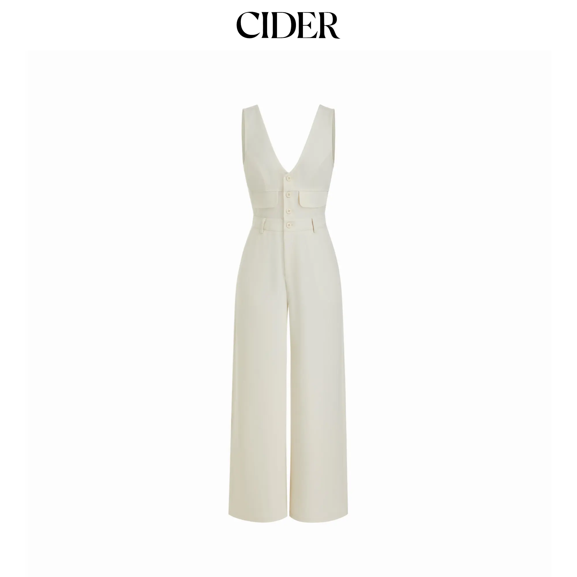 Cider V-neck Button Front High Rise Straight Leg Jumpsuit