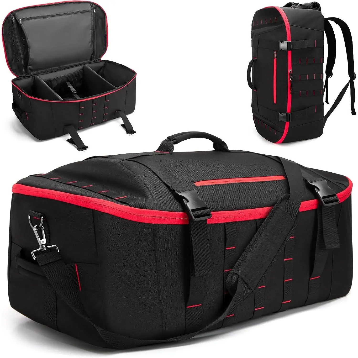 65L Tactical Duffle Backpack with Backpack Straps, Wet Pocket, Detachable Dividers, for Gym, Travel, Black