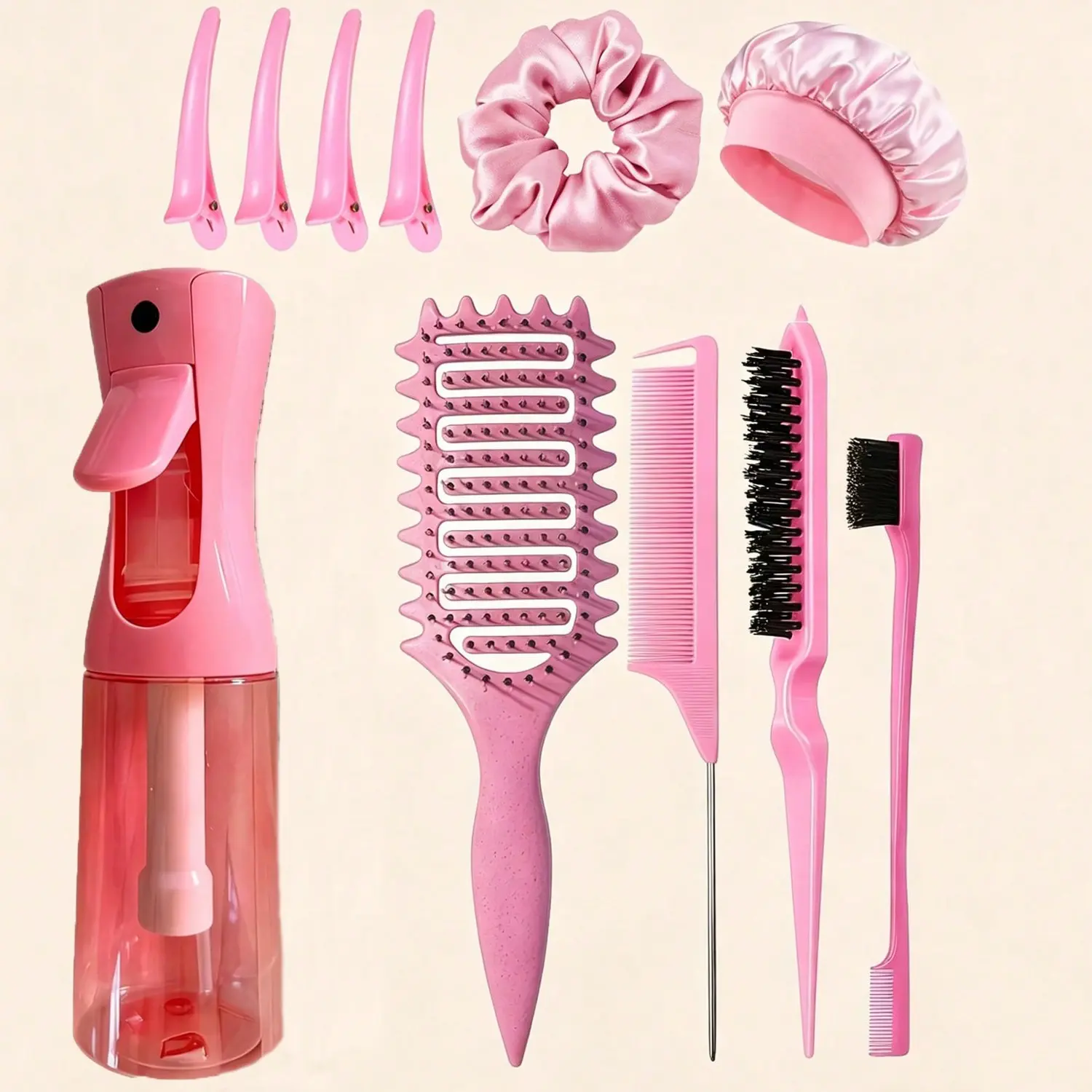 11-Piece Hair Comb Set, Neutral Hairstyling Tool Kit, Haircare Equipment, Includes Curling Comb, Nylon Buffer Comb, Spray Bottle, Clips, Flower Clip, Hair Accessories