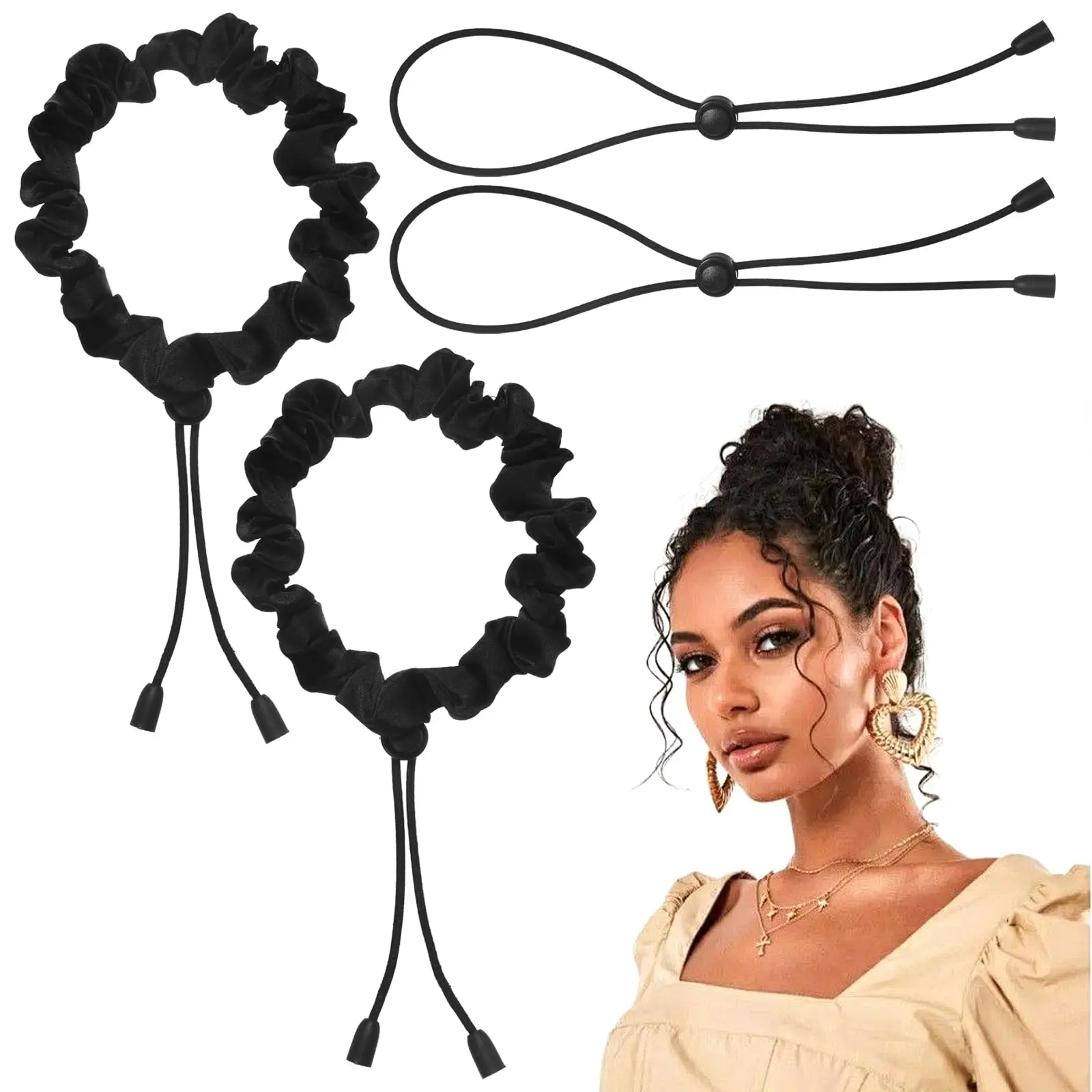 Satin Scrunchies for Thick 4C Natural Hair & Locs - 2Pcs Adjustable, Plain, Hair-Friendly, Damage-Free Hold, Ideal for Afro Puff Ponytails, Black, Suitable for Friends' Everyday Wear