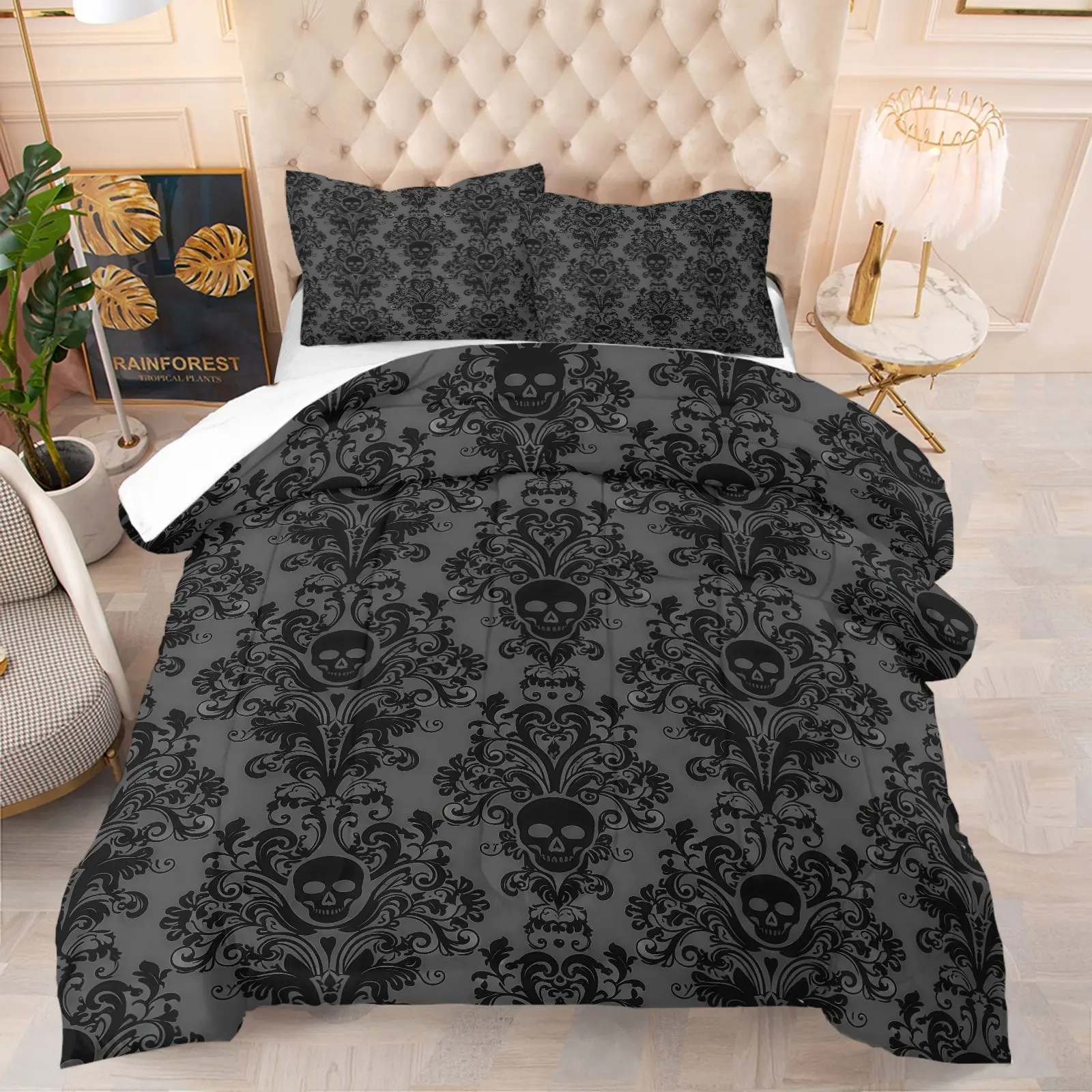 Paisley Skeleton Pattern Comforter Set, Soft And Comfortable Printed Theme Bedding Set, Includes 1 Comforter And 1 Or 2 Pillowcases Without Pillow Core, Suitable For Bedroom, Dormitory, And Room Decorations For Adolescents And Adults