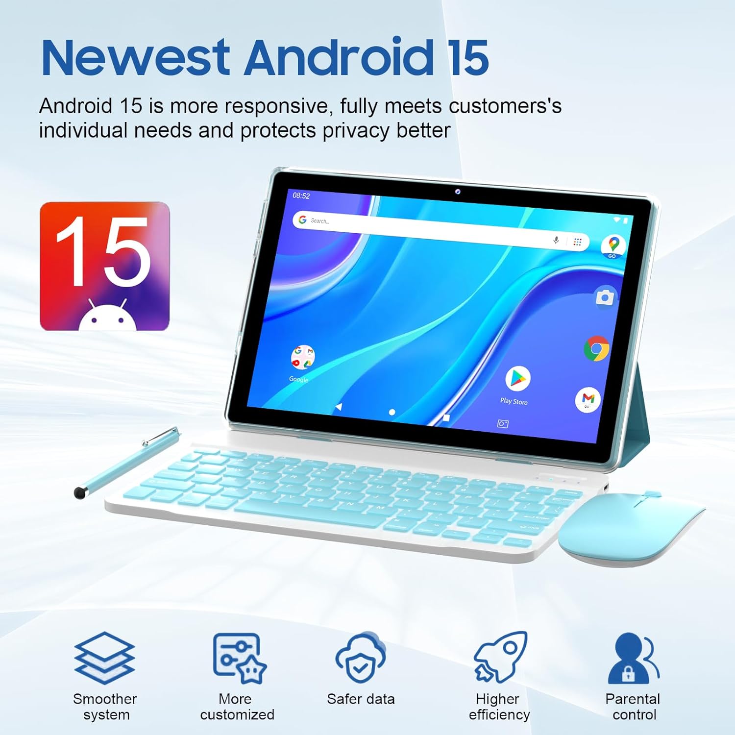 10 Inch Tablet Android 15 Tablets with Keyboard 64GB ROM+12GB RAM(4+8 expansion) Supports 1TB Expansion 2MP+8MP Dual Camera 6000mAh 5G WiFi-6 Tableta, 2 IN 1 Tablets with Mouse/Case/Stylus/ Keyboard