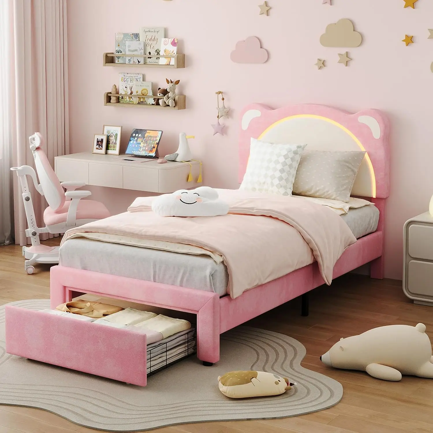 Twin Size LED Bed Frame, with Storage Drawers & Adjustable Headboard, Soft Velvet Fabric Bed Frame, Cute Bear Design, Wooden Slat Support, Noise-Free, Easy Assembly, Pink