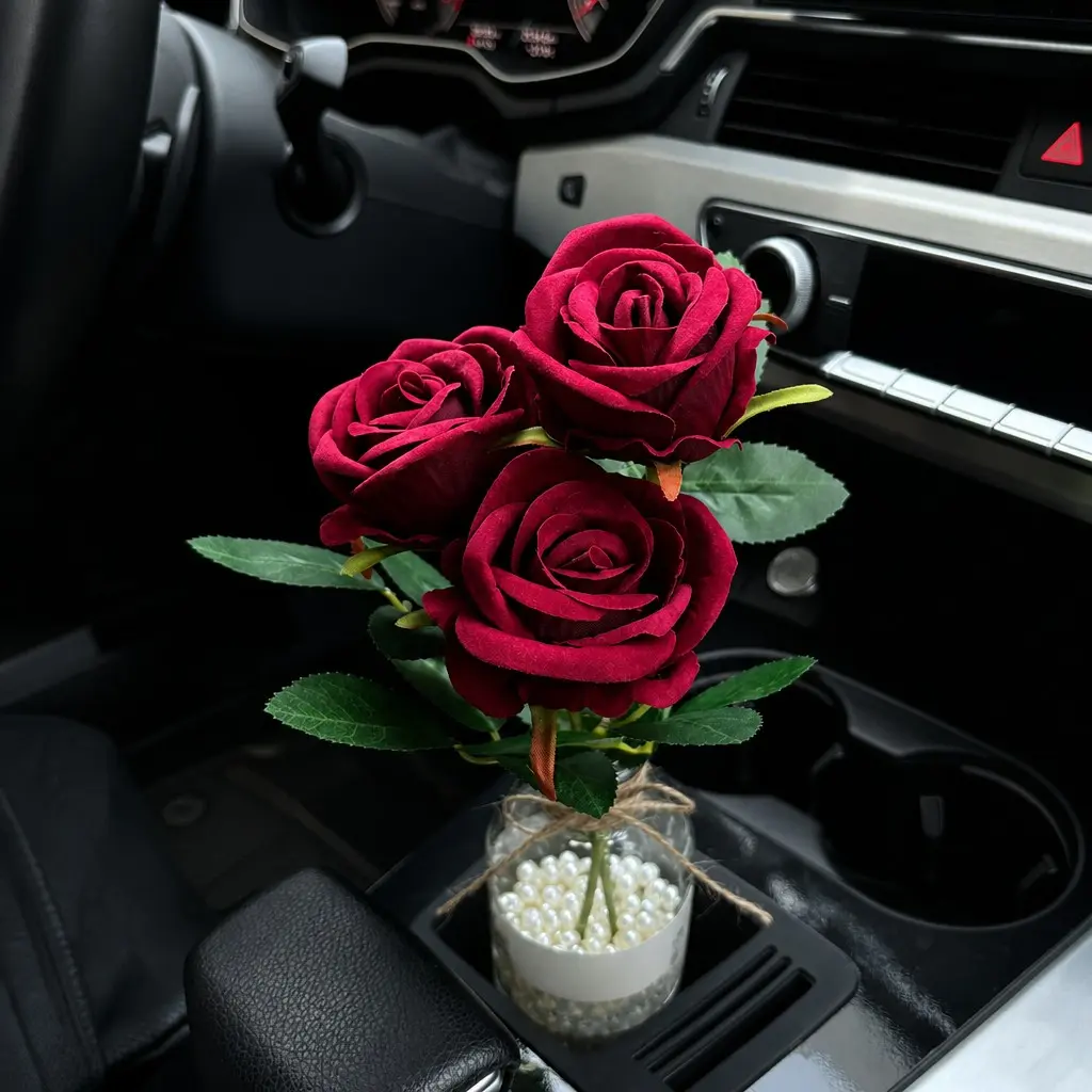 Car Simulation Rose Bouquet Decor, Center Console Armrest Cup Holder, High-End Vase Decoration, Automotive Interior Flower Accessory