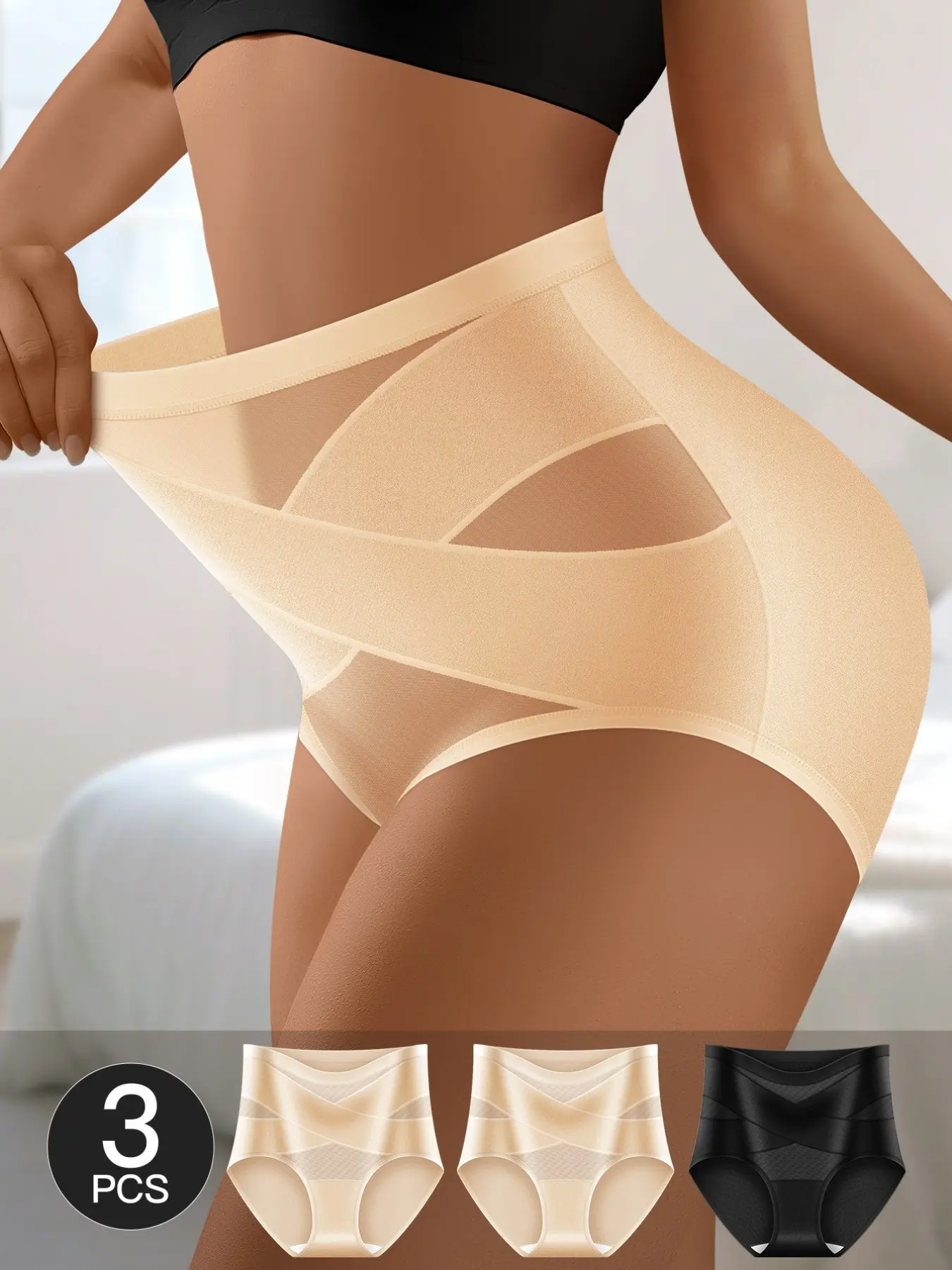 3-Pack Women's High-Waisted Underwear, Sexy Crossed Mesh Patchwork Triangle Panties, Ideal for Daily Wear, Casual Style, All Seasons