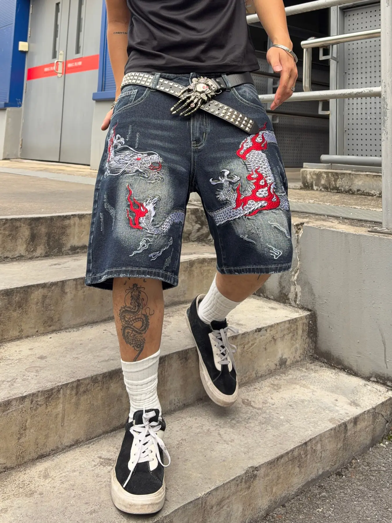 Men's Summer New Vintage Dragon Embroidered Loose Fit Blue Denim Jeans Shorts, Menswear Streetwear Casual Fashion, Multiple Sizes Available, No Belt Included