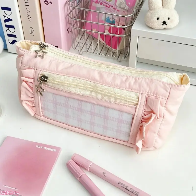 [WER21]Ruffle Pencil Case with Star Charm, Aesthetic Double Zipper Stationery Pouch, Clear Window Pen Organizer, Kawaii Pastel Plaid Large Capacity Pencil Bag for School Supplies, Desk Storage & Travel Essentials