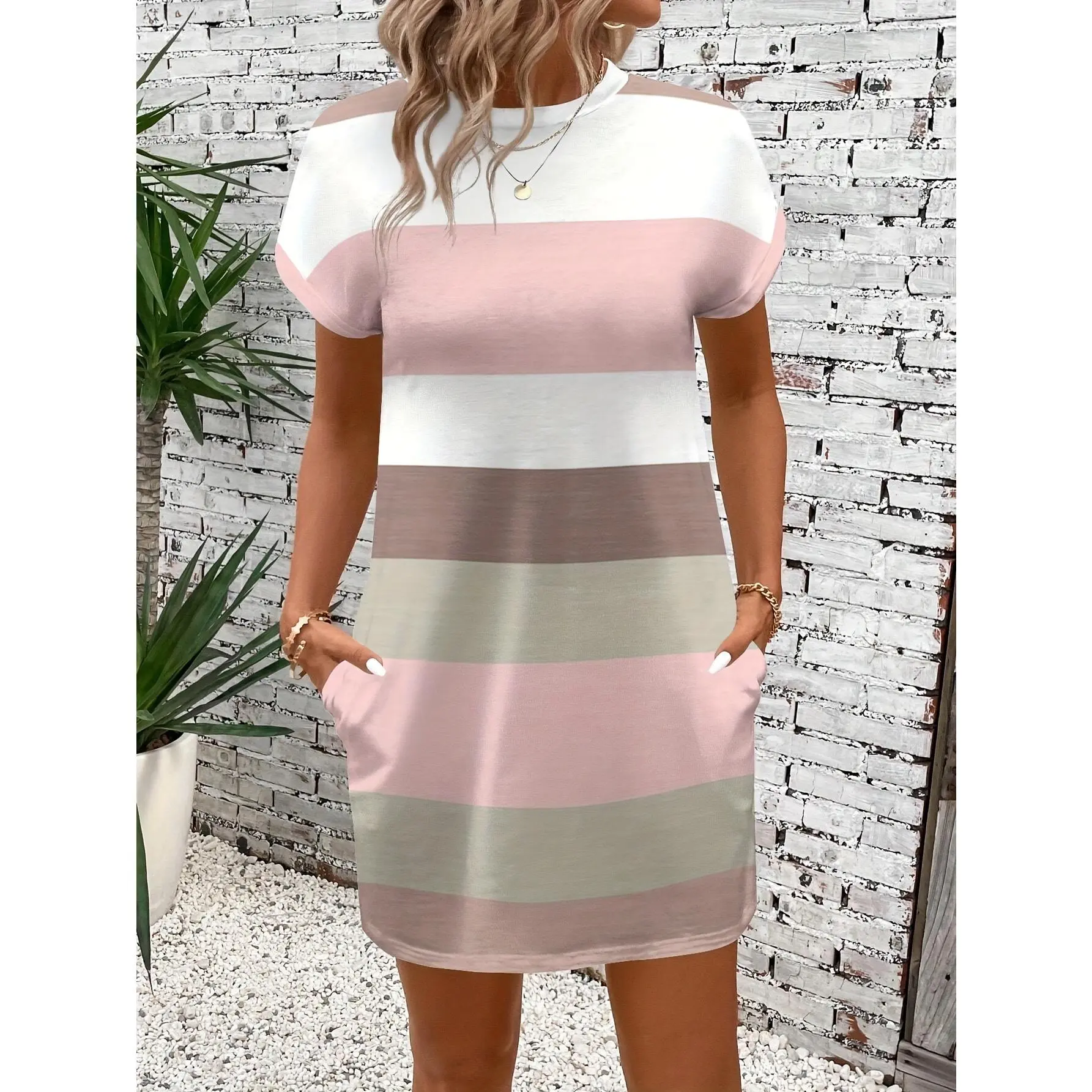 Women's Casual Jumpsuit - Elegant Striped Printed, Pocketed (With Pocket), Batwing Sleeves, Round Neck Outdoor Activities