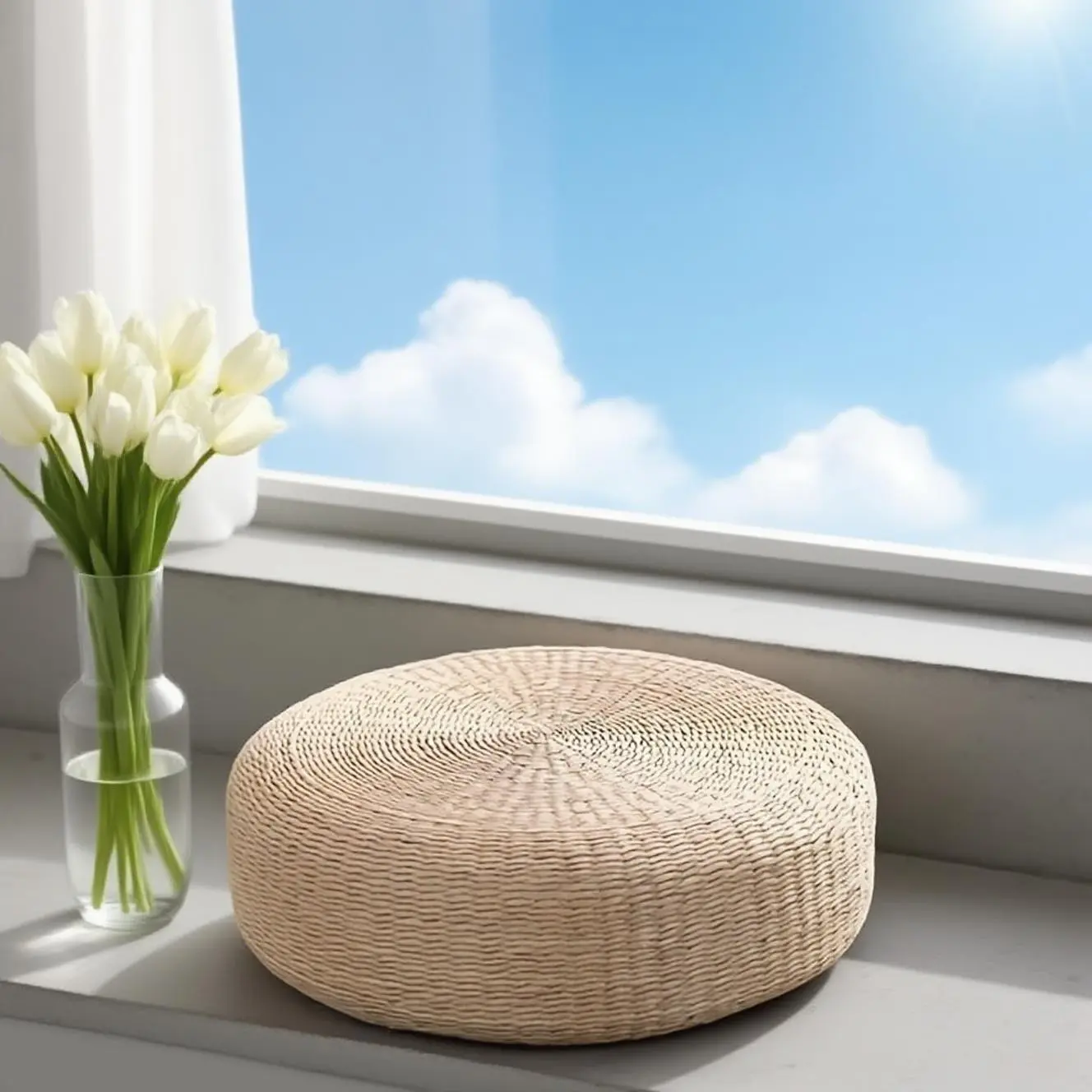 Handmade Woven Rattan Floor Mat Cushion, Natural Round Meditation Pillow, Epe Foam Fill, Comfortable Tatami Seat, Ideal for Living Room, Tea Room, Yoga Studio