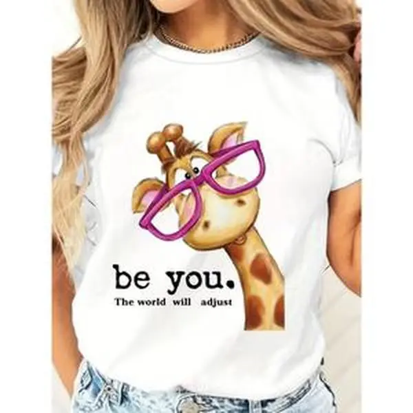 Women's "Be You" Giraffe with Glasses Graphic Cotton T-Shirt - Blouse, Short-Sleeve Sleeve Shirt, Comfortable Breathable Casual Top, Empowering Self-Love Gift for Animal Lovers, Casual Wear