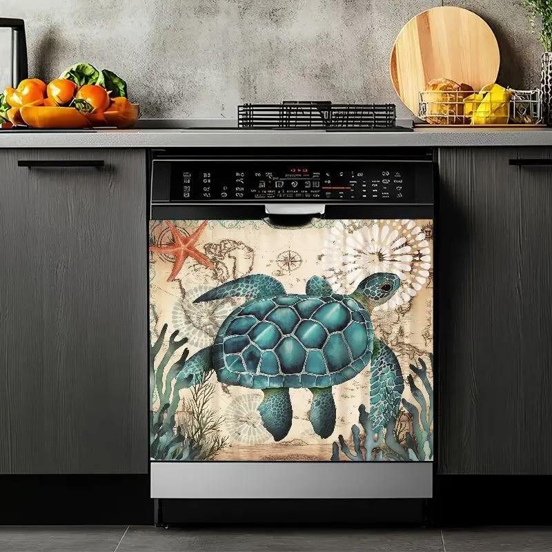 2D Flat 2Pcs Dishwasher Cover Sticker Nautical Sea Turtle Ocean Theme Decorative Kitchen Appliance Door Protector Waterproof Self-Adhesive Vinyl Decal Tropical Beach Coastal Home Decoration Removable Cabinet Decor Washable