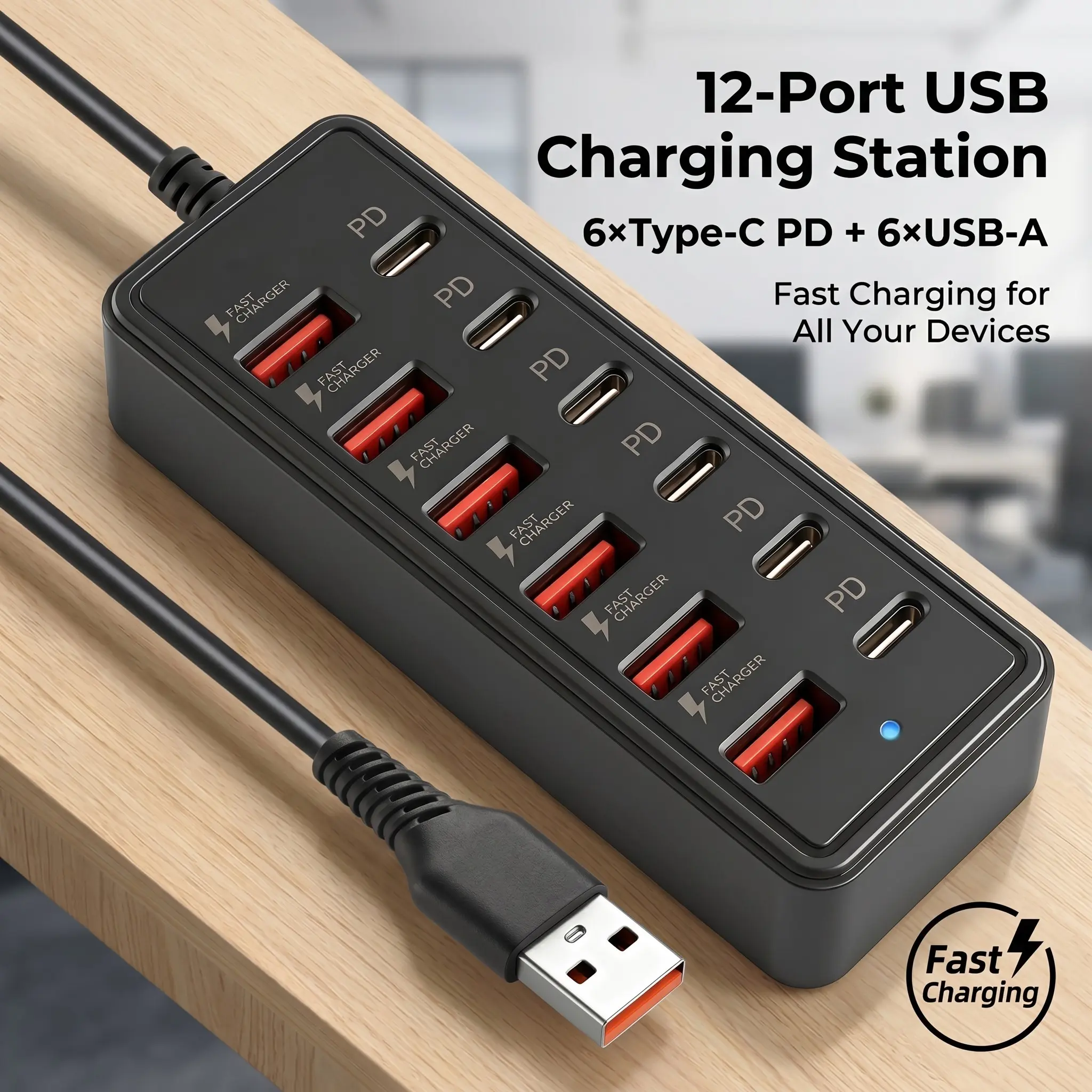 12-Port USB Fast Charging Station, 25w Per Port, 6 Type-C PD + 6 USB-A, USB A Ports, Compact Design, Ideal for Laptops/tablets, Tech Enthusiasts, Gift Idea