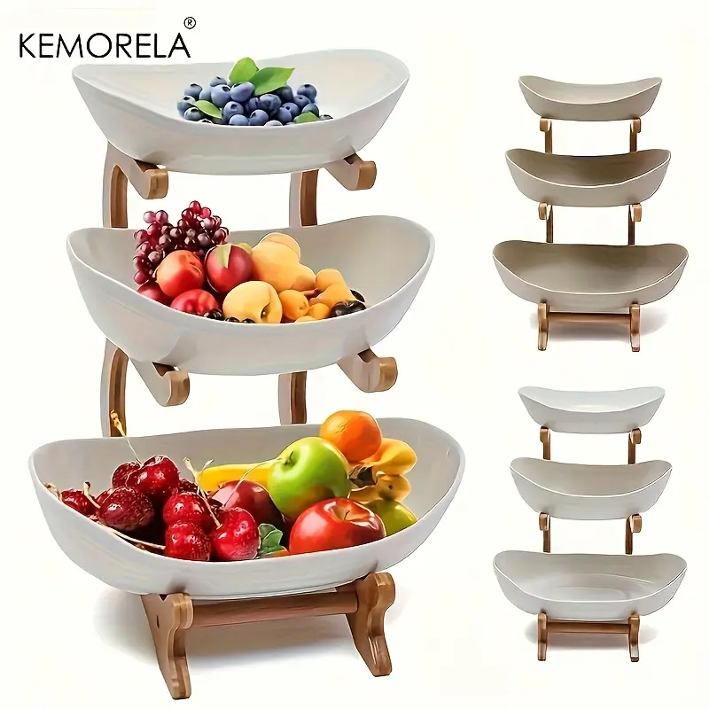 3-Tier Wooden Fruit and Vegetable Basket with Wooden Legs - Versatile Kitchen Organizer for Fruits, Vegetables, and Iced Food - Perfect for Refrigerator Storage, Fruit Basket for Kitchen