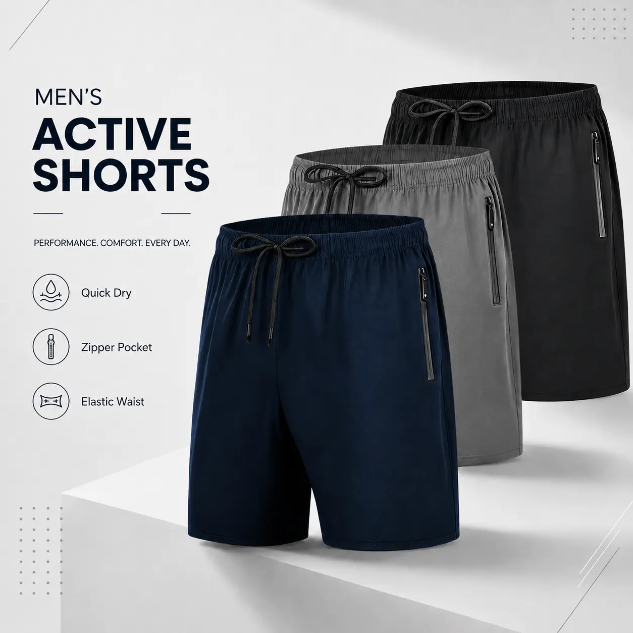 Men Quick Dry Athletic Shorts Elastic Drawstring Waist Zipper Pockets Lightweight Running Gym Workout Casual Beach Sweat Shorts