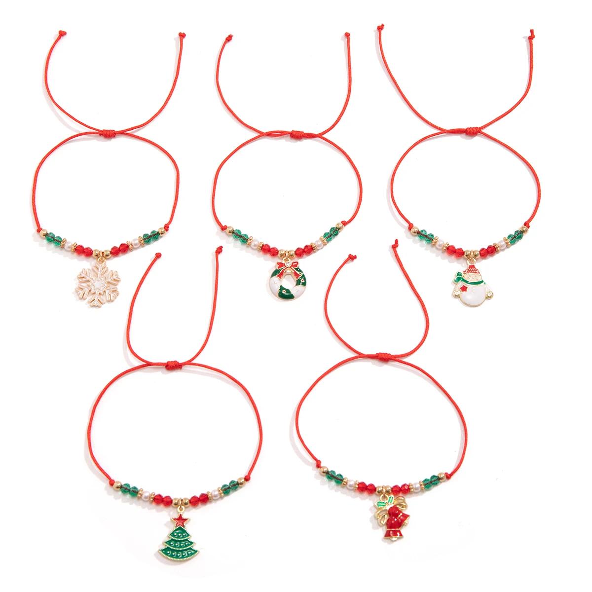 5pcs/set Cute Christmas Series Snowflake Tree Pendant Crystal Bracelet Women CCB Beads Adjustable Thread Rope Bracelet
