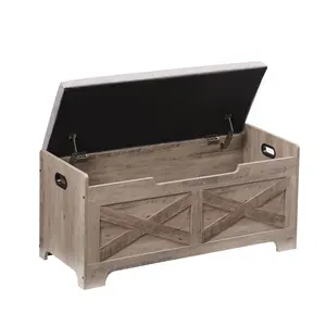 GARVEEStorage Chest Lift Top Trunk with 2 Safety Hinges Barn Style Wooden Bench Seat Cushion Large for Entryway Bedroom Living Room