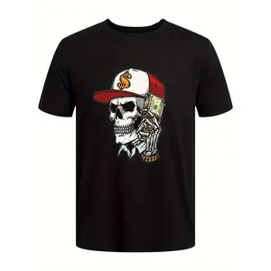 Men's Skull and Money Graphic T-Shirt |   Short Sleeve Crew Neck Casual Streetwear Tee, Vintage Gothic Aesthetic, Hip Hop Oversized Top, Summer Fashion, Y2K Grunge Style