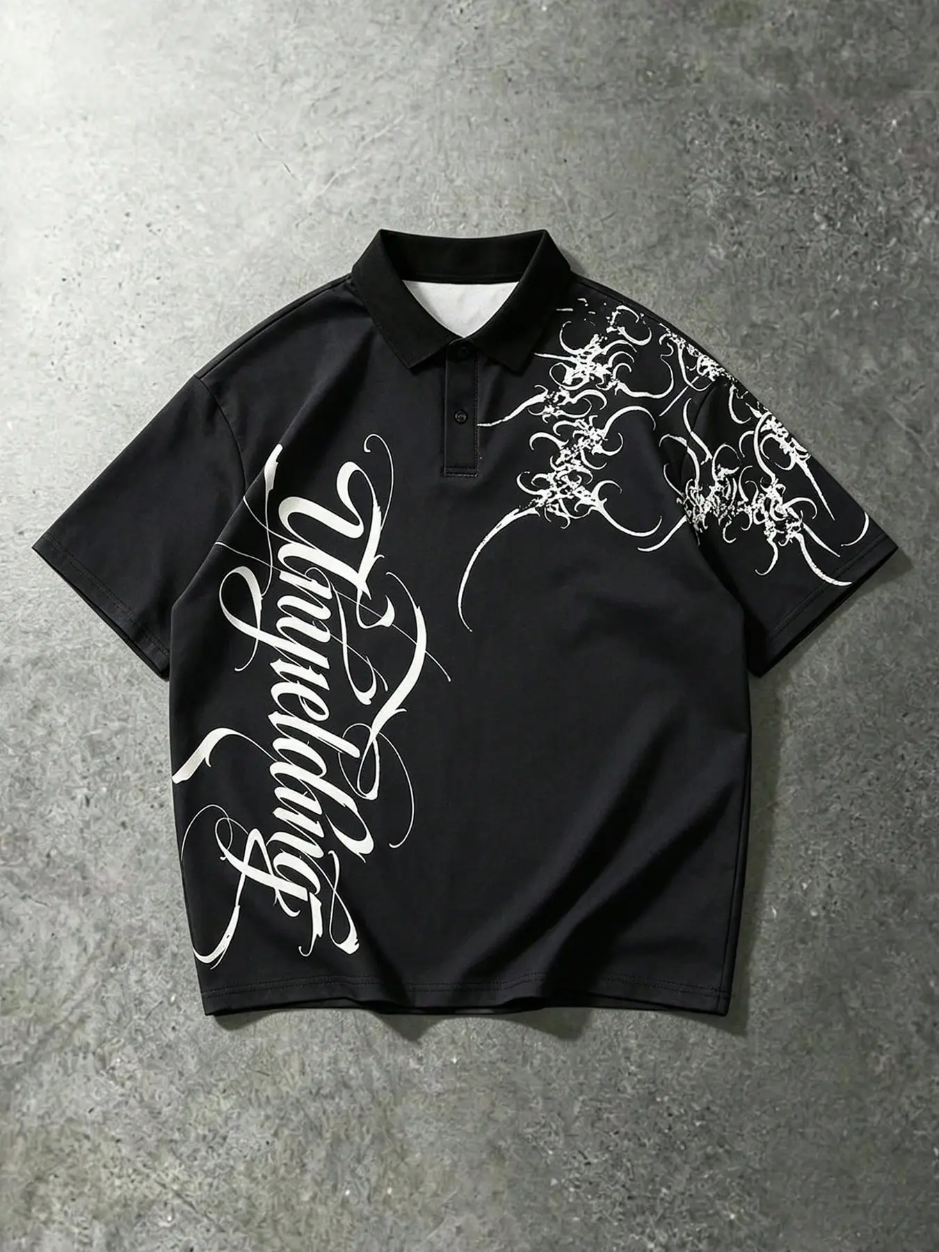 Asymmetric Cyber Sigilism Graphic Black Polo Shirt with Unyielding Script Print – Oversized Breathable Streetwear Tee for Rave, Music Festivals, and Casual Daily Outfits