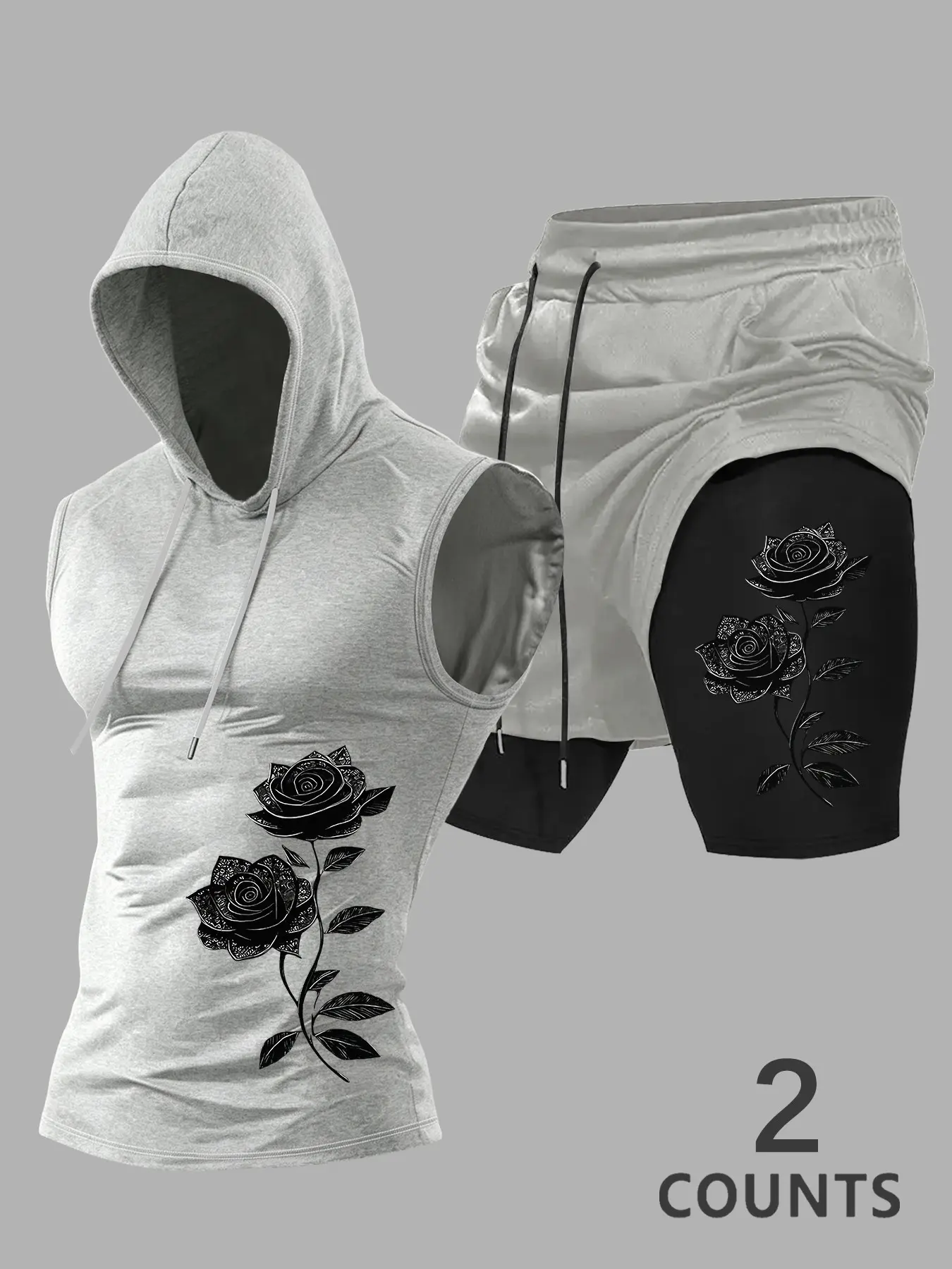 Men's Floral Sleeveless Hoodie + Shorts Set, Rose Print Sports Fitness, Activewear Set, Gym Training Running Wear, Outdoor Sportswear, Casual 2-Piece Set