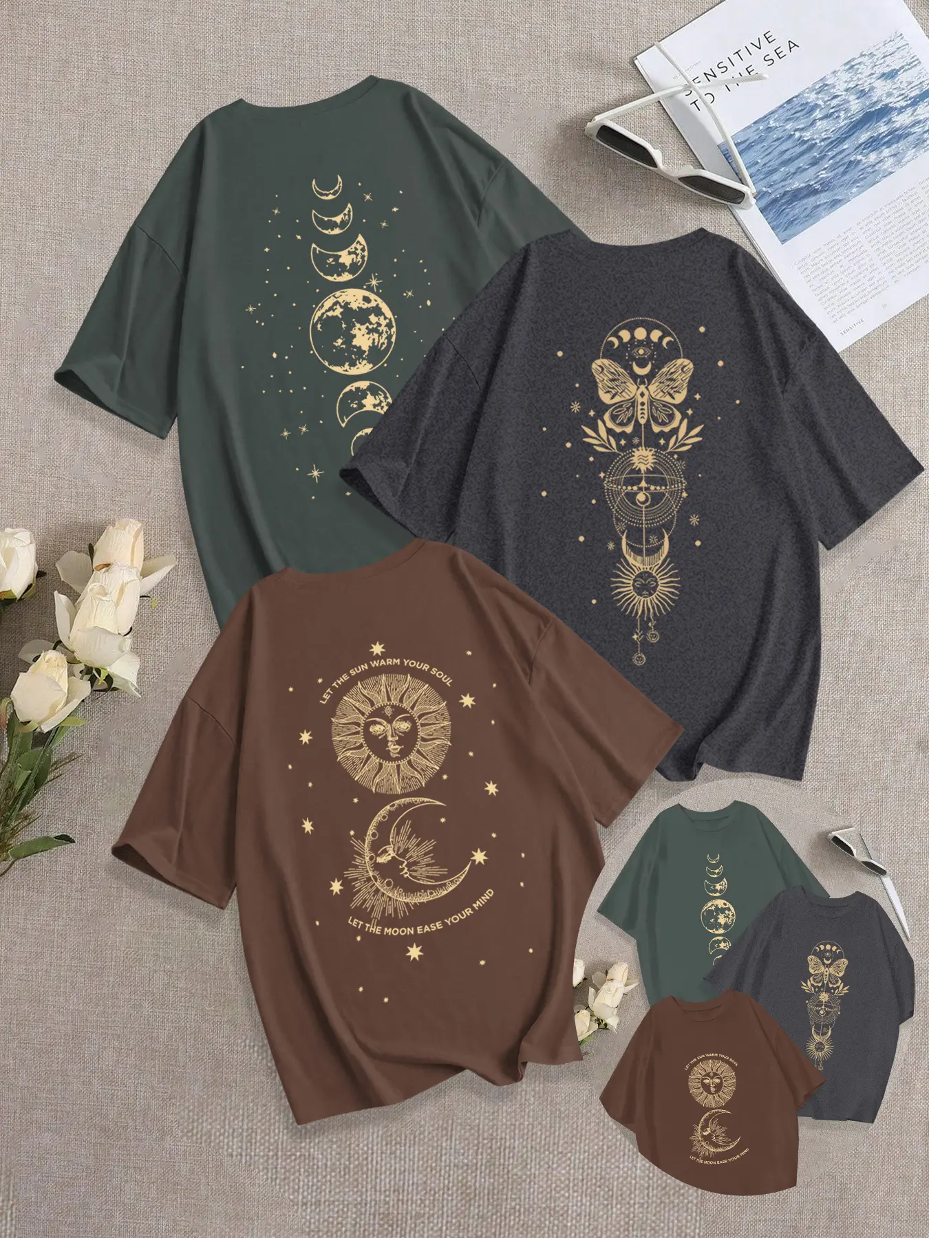 Breathable Casual T-Shirt for Women, Loose-Fitting Round Neck Design, Vintage Moon & Sun Print, Graphic, Perfect for Everyday Stylish Wear, 3 Pack