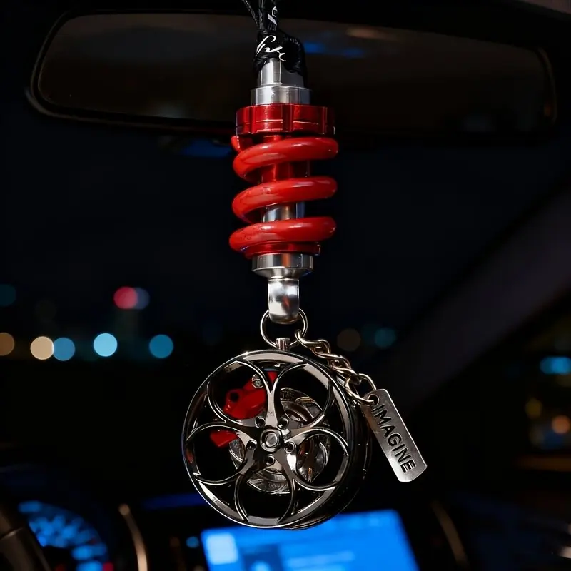 Gift Box Cool Wheel Hub Brake Caliper & Shock Absorber Car Rearview Mirror Hanging Ornament Car Hanger Ornament Rotatable Caliper Auto Modification Pendant Creative Gift For Car Enthusiasts Friends