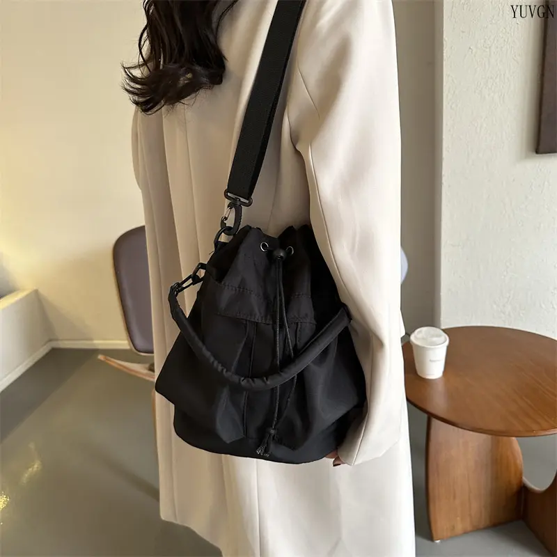 Women's Casual Nylon Bucket Bag, Large Lightweight Top Handle Drawstring Crossbody Shoulder Bag for Gym, Travel, and Daily Use