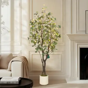 Artificial Eucalyptus Tree, Tall Fake Artificial Plant with White Planter，Large Faux Floor Plant Fake Silk Trees with Lights Home Office Livingroom Floor Decor Indoor