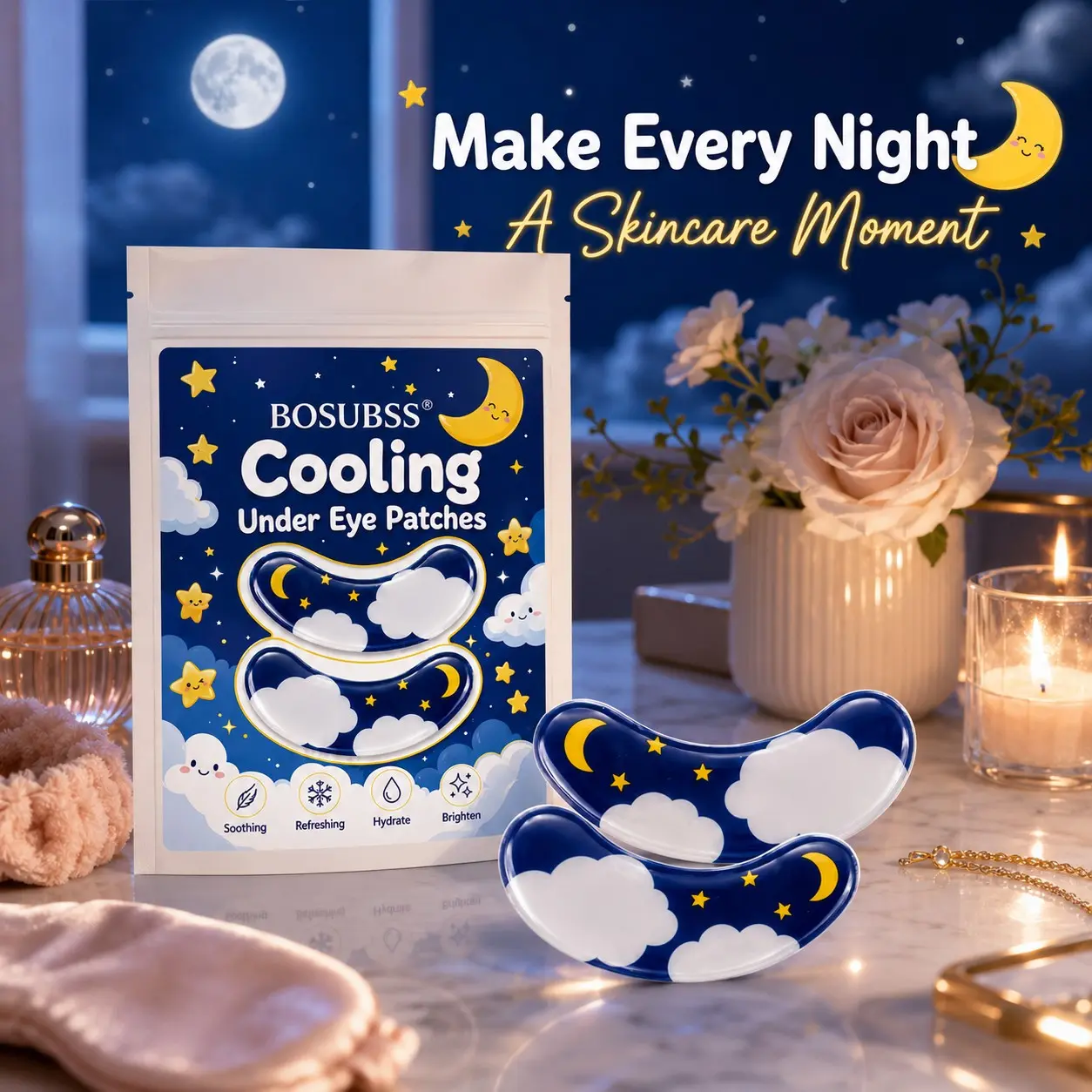 Cooling Under Eye Patches, Blue Hydrogel Eye Treatment Mask with Moon Cloud Design, Hydrating Skincare Patches, 10 Pairs for Daily Self Care