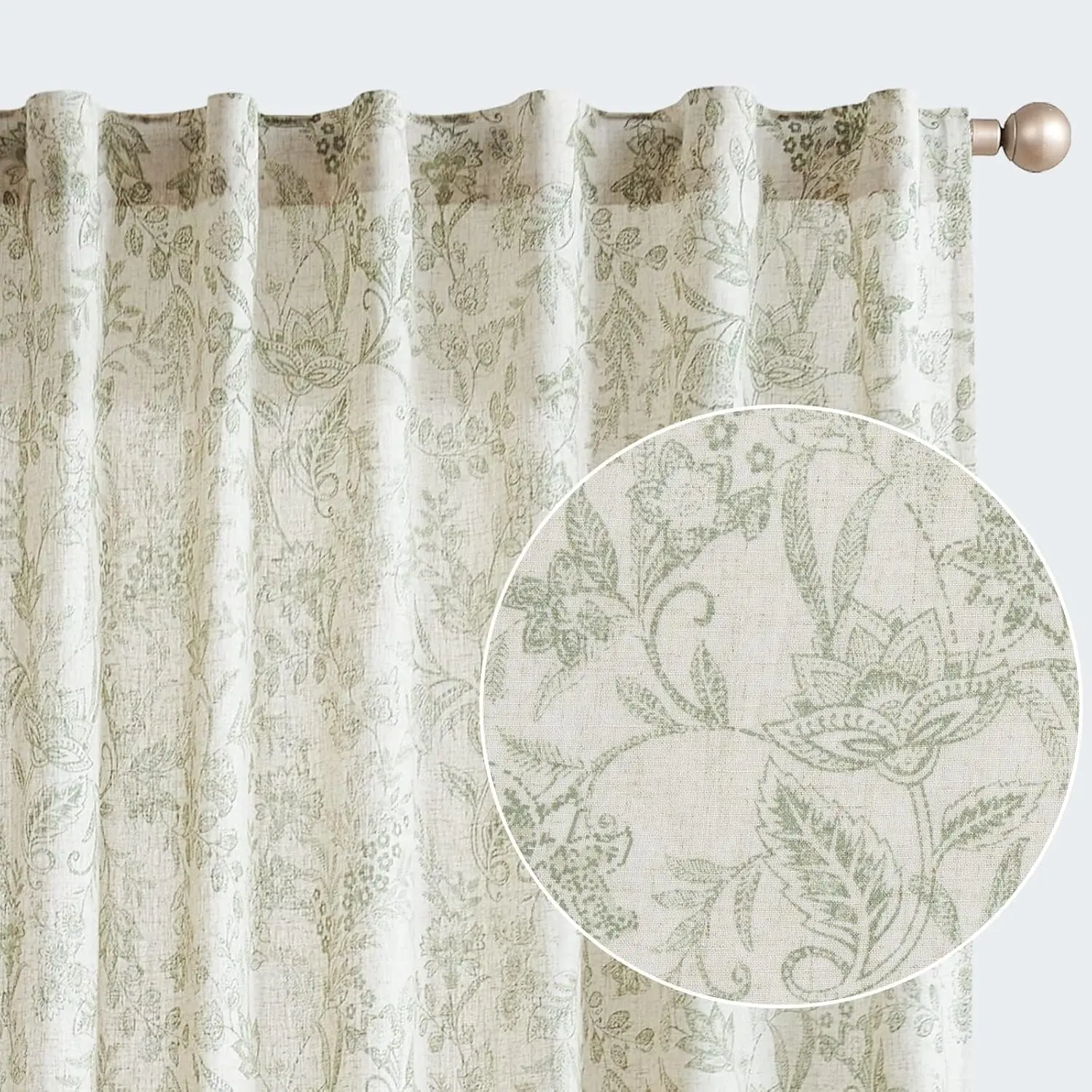 Green Floral Curtains 84 Inch Cottagecore Back Tab 2 Panels| Light filtering drapes, semi sheer, french, farmhouse, vintage, living room, bedroom, rod, window treatment