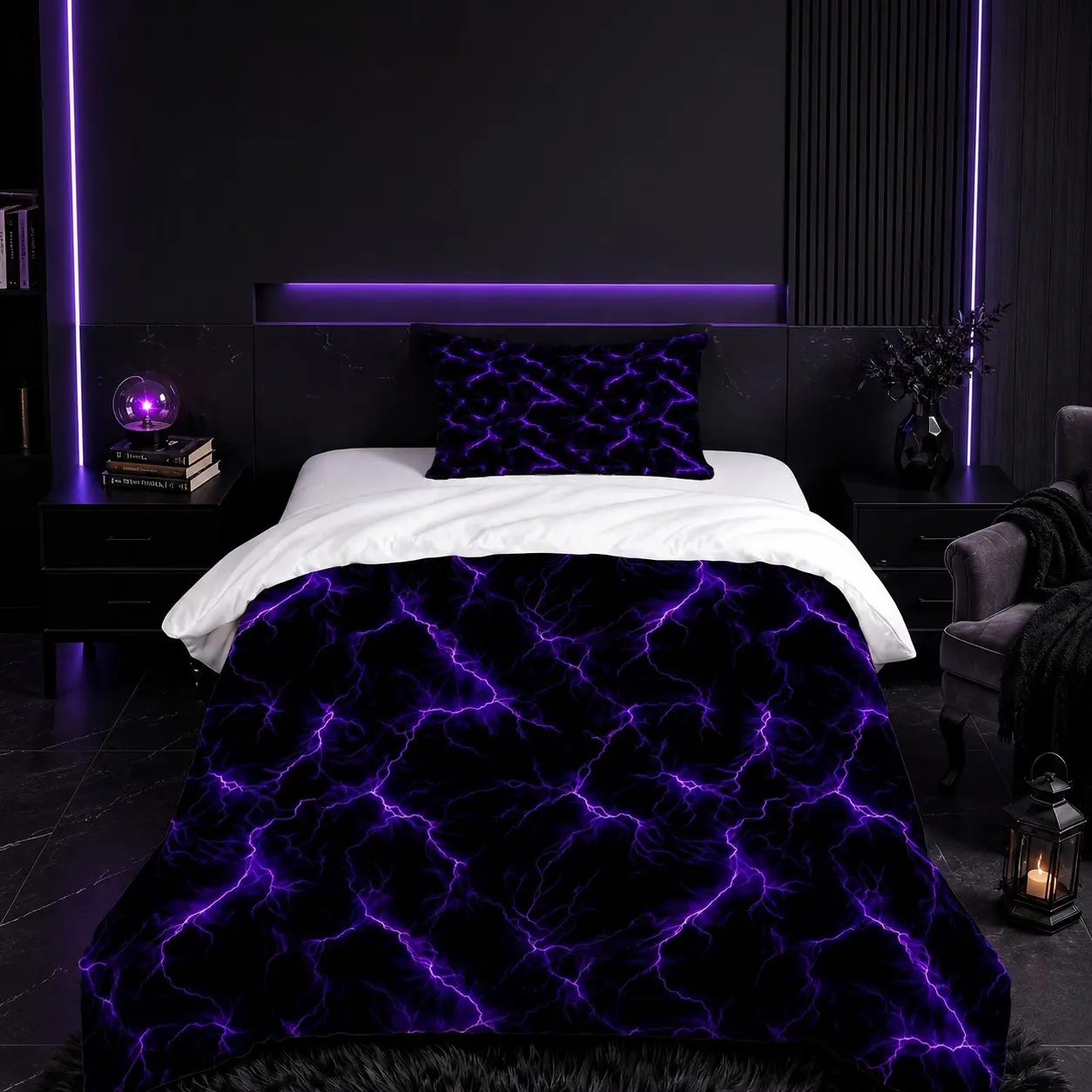 Purple Lightning Duvet Cover Set, 2/3pcs (No Comforter/Pillow Insert), Trendy Neon Bedding, Comfy Bedding Sets, Cool Print for Teens & Adults, All-Season, Great Gift, Printed Bedding Set