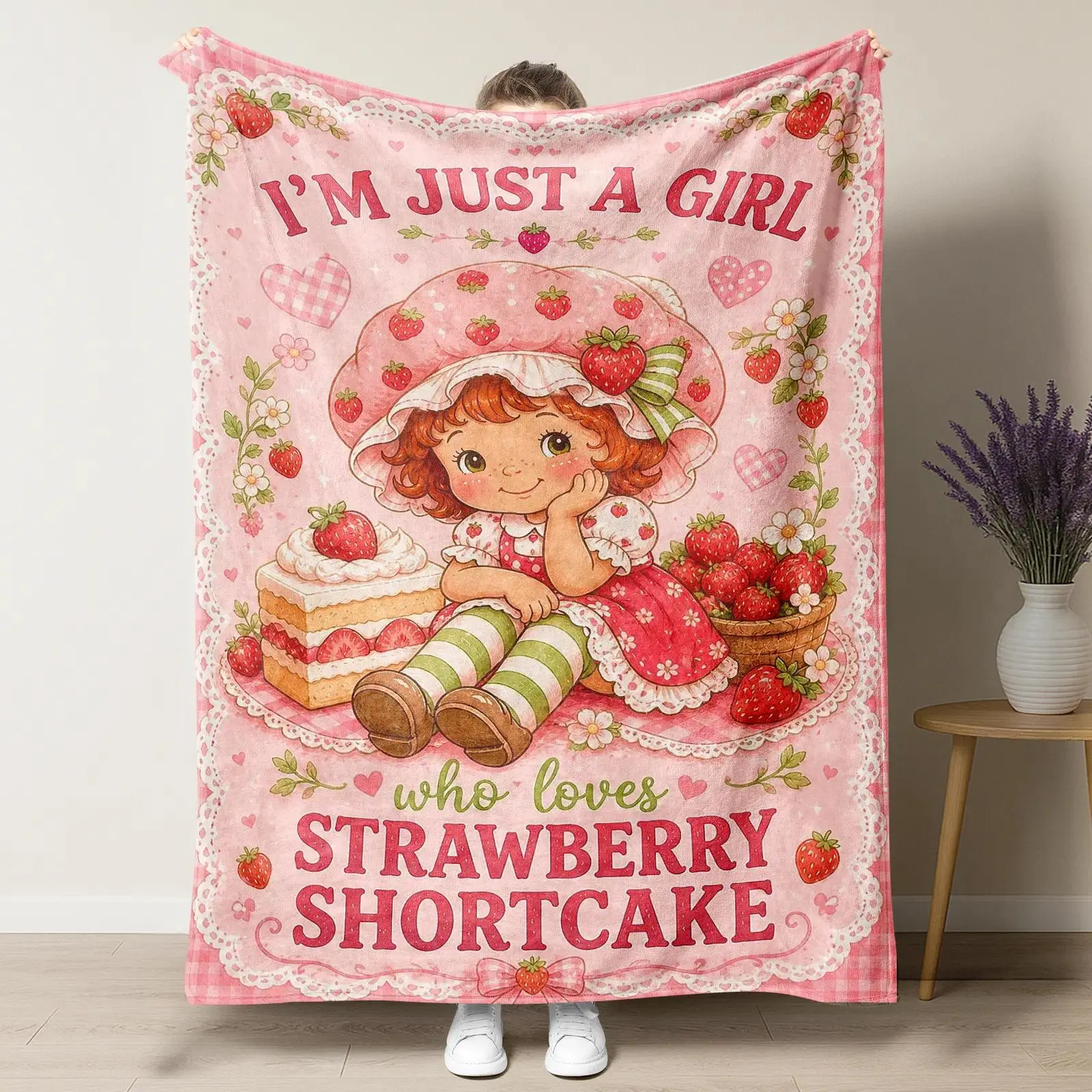 Cooling Blanket Retro Strawberry Girl Print Flannel Blankets - Homegoods Cute Throw for Berry Lovers Kids Bedroom Decor Gift, Polyester, Cooling Effect