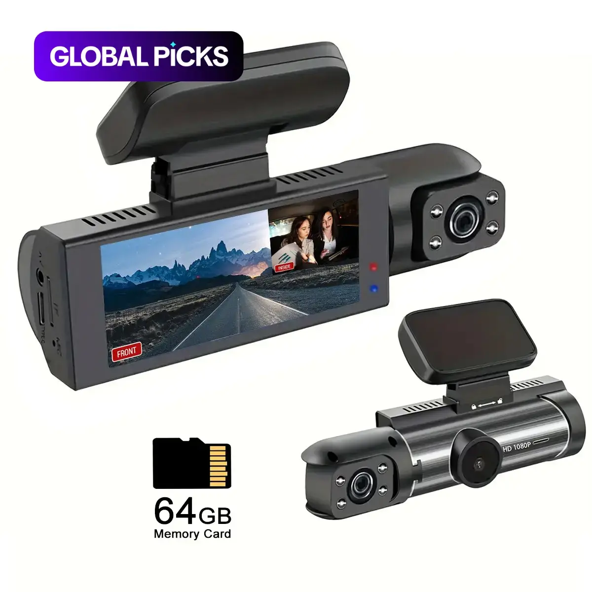 Dual Recording Car DVR Camera, Automotive Video Recorder, Jerl Dash Cam with 64GB Memory Card, Wide Angle Car Dash Camera with 3.16 Inch lPS Screen, Video Surveillance, Car Driving Recorder(Non-rechargeable, must be plugged in for use.) #GLOBAL PICKS