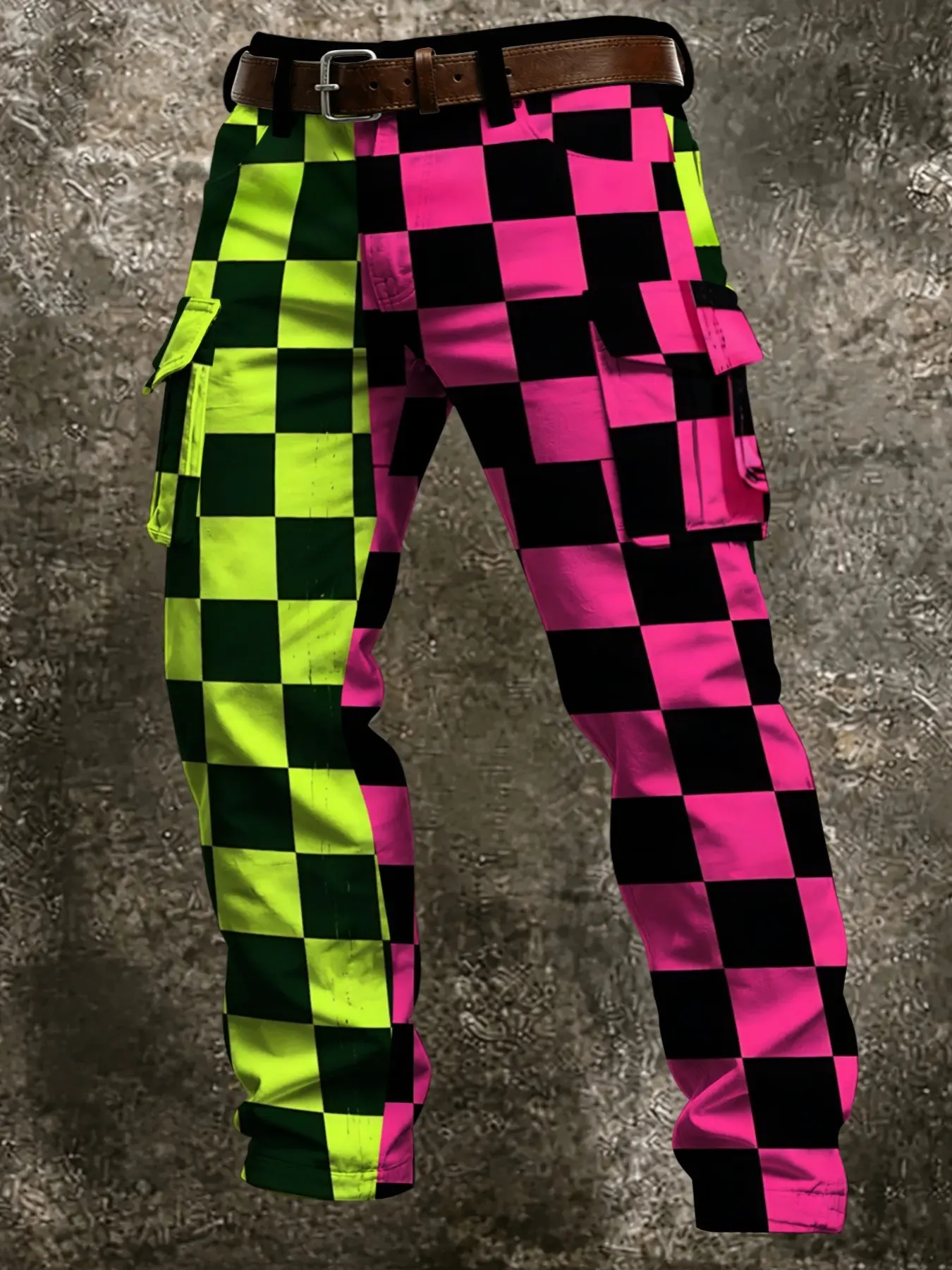 New Split Design Fluorescent & Checkered Work Pants, Colorblock Leg Grid Print, Dual Side Pockets, Men's Straight Fit Casual Pants