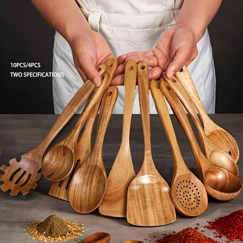 4/10pcs Wooden Kitchen Utensil Set, Natural Wood Spoons, Wood Cooking Utensils, Durable Cooking Tools, Durable Kitchenware, Ideal for Mixing and Serving, Perfect Gift for Holidays