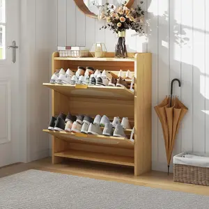 2 Flip-Drawer Shoe Storage Cabinet with Rattan Doors, Free Standing Narrow Organizer for Entryway & Hallway – Adjustable Shelves