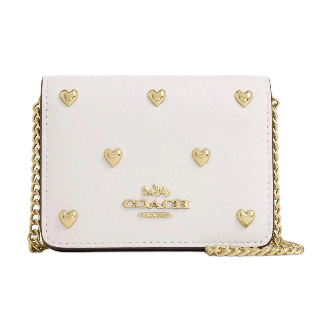 COACH Mini Wallet for Women with Heart-Shaped Studs and Detachable Chain Strap, Pebbled Leather, Chalk White